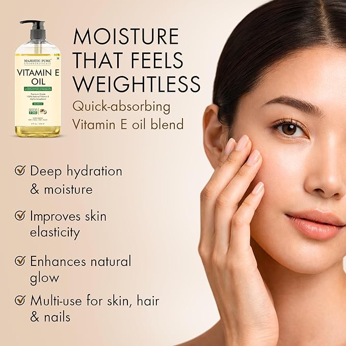 Majestic Pure Coconut & Vanilla Formula Vitamin E Body Oil 8 Fl Oz - 100% Pure and Natural- Cold Pressed & Hexane Free Natural Hair Growth Oil for Eyelashes, Eyebrows, Skin, Body, Face, Nails & Scalp