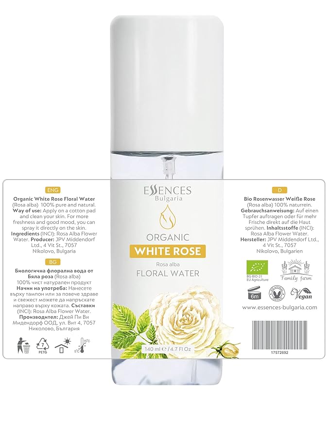 Essences Bulgaria | Organic White Rose Floral Water 4.7 Fl Oz | 140ml | Rosa alba | 100% Pure and Natural | Anti-Age Refreshing Beauty Mist | Alcohol-Free | Makeup Remover | Hydrating | Vegan