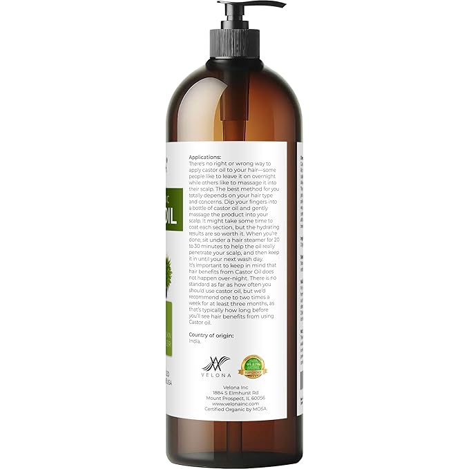 velona USDA Certified Organic Castor Oil - 32 fl oz | For Hair Growth, Boost Eyelashes, Eyebrows | Cold pressed, Natural Oil, USP Grade | Hexane Free, Lash Serum, Caster