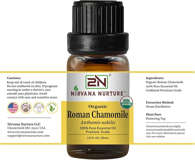 Roman Chamomile Essential Oil, USDA Certified Organic, 100% Pure Undiluted, Aromatherapy Oil for Diffuser, Hair & Skin Care