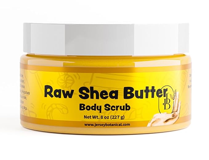 Jersey Botanical Shea Sugar Body Scrub – Exfoliating, Hydrating & Moisturizing Skin Care with Shea Butter, Smooth & Soften Skin, 8 oz (Raw Shea Butter)