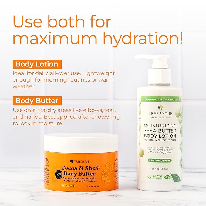 Tree To Tub Shea Body Butter for Dry, Extremely Dry, Sensitive Skin - Moisturizing Body Cream for Women & Men, Hydrating Body Lotion Moisturizer w/Vitamin C, Organic Cocoa, Citrus Scent