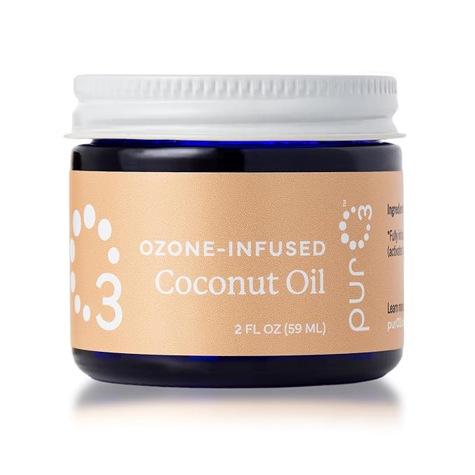 PurO3 Ozonated Coconut Oil – Pure, Natural, Organic Skincare for Face & Body – Oxygenated Healing Lotion, Moisturizer & Beauty Cream in a Glass Jar – O3 Therapy Salve, 2 oz