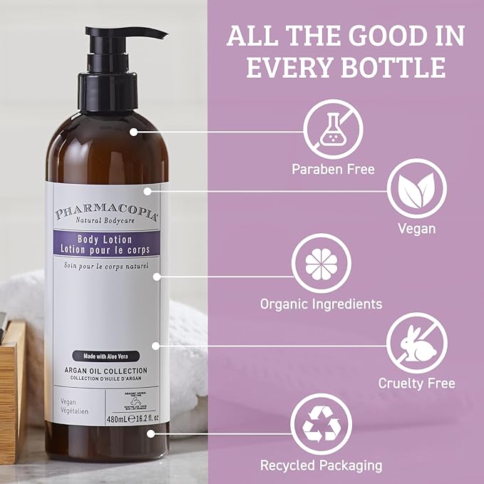 Pharmacopia Hotel Argan Oil Body Lotion - Vegan Moisturizer for Dry Skin, Lotion with Melon and Green Tea Essence - Natural, Organic and Cruelty-Free Skin Care, 16.2 oz