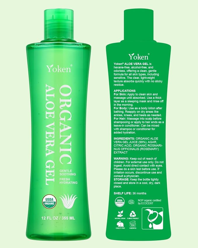 Yoken USDA Certified Organic Aloe Vera Gel 12oz, 99% Pure Aloe Vera Juice, Gel-to-Water Texture, Alcohol Free, No Added Fragrance, Face Body Hair Care, Cooling & Refreshing Summer Skincare