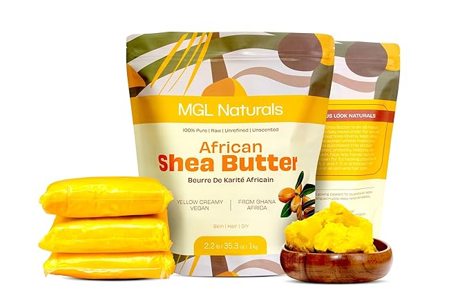 MGL Naturals Unrefined African Shea Butter Yellow Creamy 2.2 lb. 100% Pure, Raw, Grade A, Vegan, & Organic. Moisturizing butter for all skin types and hair textures. (2.2 lb)