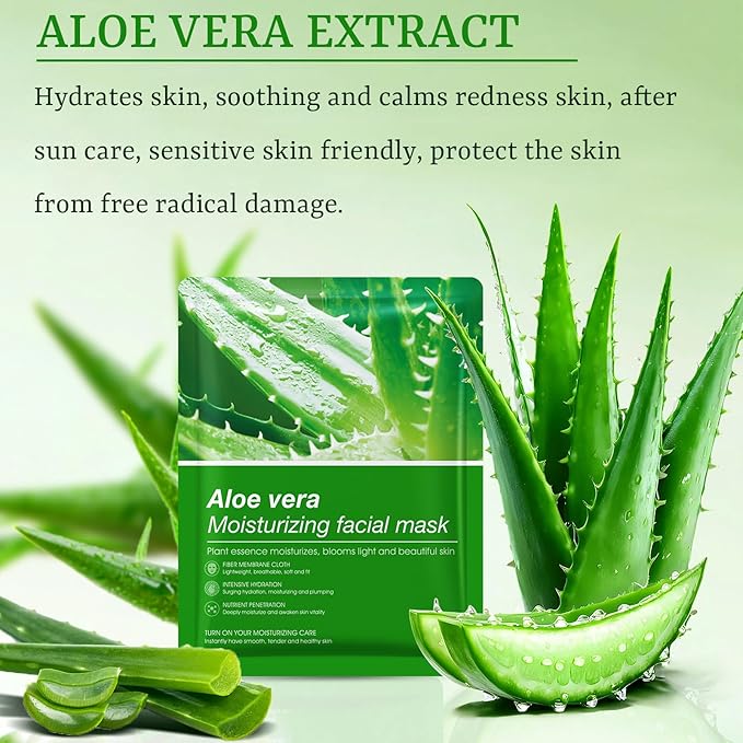 Aloe Vera Face Masks Skincare Soothing & Hydrating Face Masks Aloe Face Mask for Dry, Oily, Sensitive Skin, Aloe Sheet Masks for Sunburn Relief and After Sun Care, 10 Pack, Valentine's Day Gift