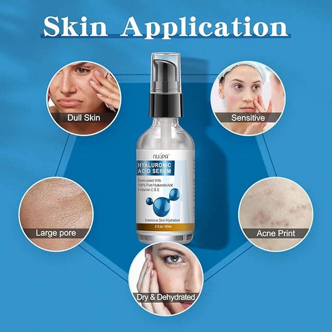 100% Pure Hyaluronic Acid Serum for Face Neck Body with Vitamin C Vitamin E for Skincare Hydrate, Moisturizer, Plump Skin, Reduce Wrinkles, Anti Aging Serum, 2 Oz