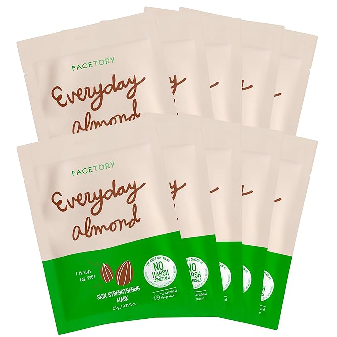 FACETORY K Beauty Face Mask Skin Care - Everyday ALMOND Skin Strengthening Sheet Mask | Plant-Based with Sweet Almond Oil (10 Pack)