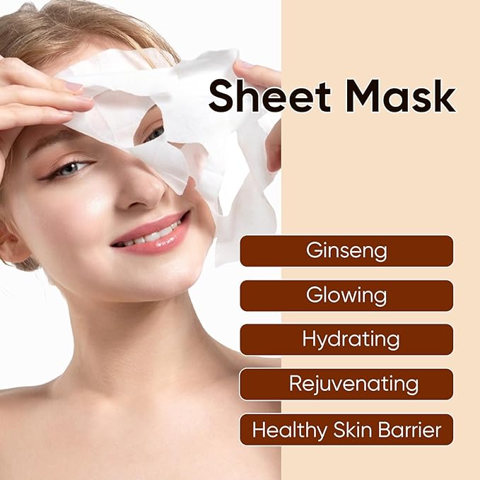 Hydrating Facial Masks Skincare for Women,Red Ginseng Face Mask Sheet Skincare, Moisturizing Face Mask for All Skin Types (10-Packs)