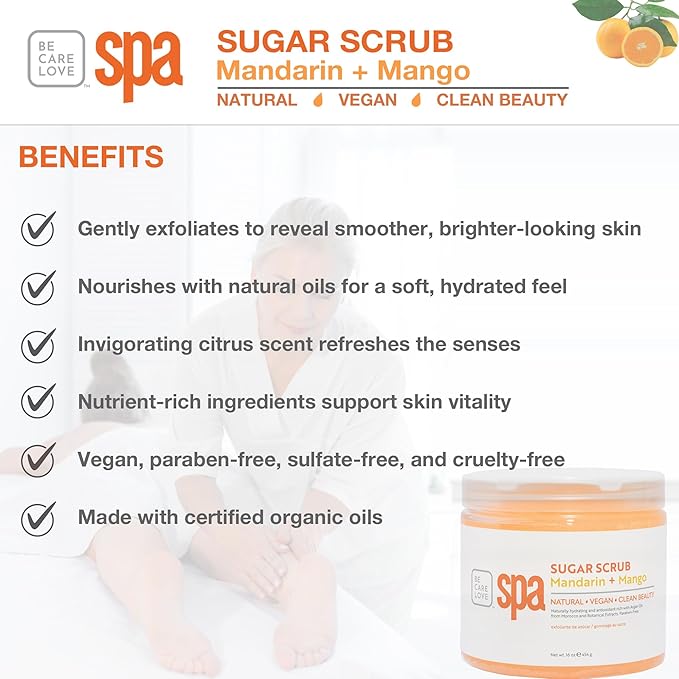 BCL Spa Mandarin Mango Sugar Scrub - Professional Exfoliating Body Scrub with Organic Essential Oils, Natural Skin & Body Care, Made in USA, 16 oz