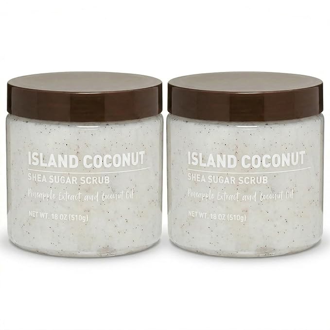 Island Coconut Sugar Scrub – Exfoliating Body Scrub for Women, Moisturizing Shea Butter, Natural Sugar Exfoliant, Hand and Foot Scrub, Paraben-Free, All Skin Types, 18 oz (Pack of 2)
