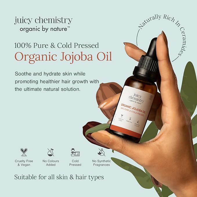 Juicy Chemistry Pure, Cold-Pressed & Organic Carrier Jojoba Oil For Skin, Hair & Nails | Ecocert Organic, Hexane And Gmo Free Carrier Oil For Men & Women | Cruelty-Free & Vegan 30 ml (Pack Of 1)