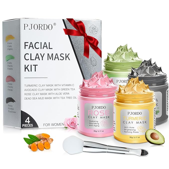 Pjordo 4 Pcs Clay Mask for Face(360g in Total), Turmeric Vitamin C, Dead Sea Mud, Green Tea Avocado, Rose, Face Mask Skincare for Pore Cleansing, Facial Masks for Women Skin Care, 3.17 Oz Each