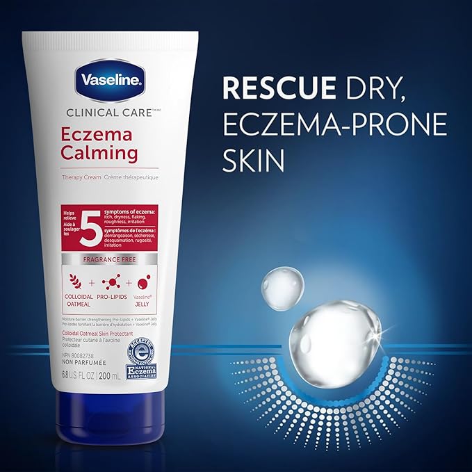 Vaseline Eczema Lotion, Calming Therapy Cream 2-Pack with Colloidal Oatmeal + Original Vaseline Lip Therapy for Dry Lips with Petroleum Jelly (3 Piece Set)