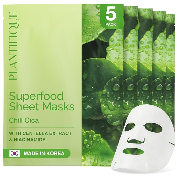 PLANTIFIQUE Korean Sheet Mask, 5 Pack - Calming & Soothing Face Masks with Centella Extract, Niacinamide & Hyaluronic Acid - Mascarillas Faciales