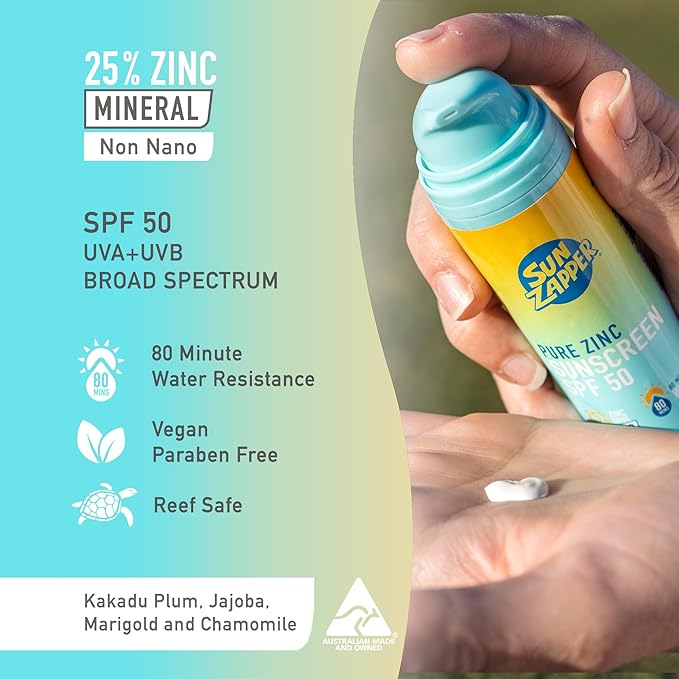 Sun Zapper Pure Zinc Sunscreen SPF 50 – Organic Mineral Sunscreen for Face and Body, 25% Non-Nano Zinc Oxide, Reef Safe, Water Resistant, Broad Spectrum, Vegan, 100g (3.5 oz) Pump, Australian Made