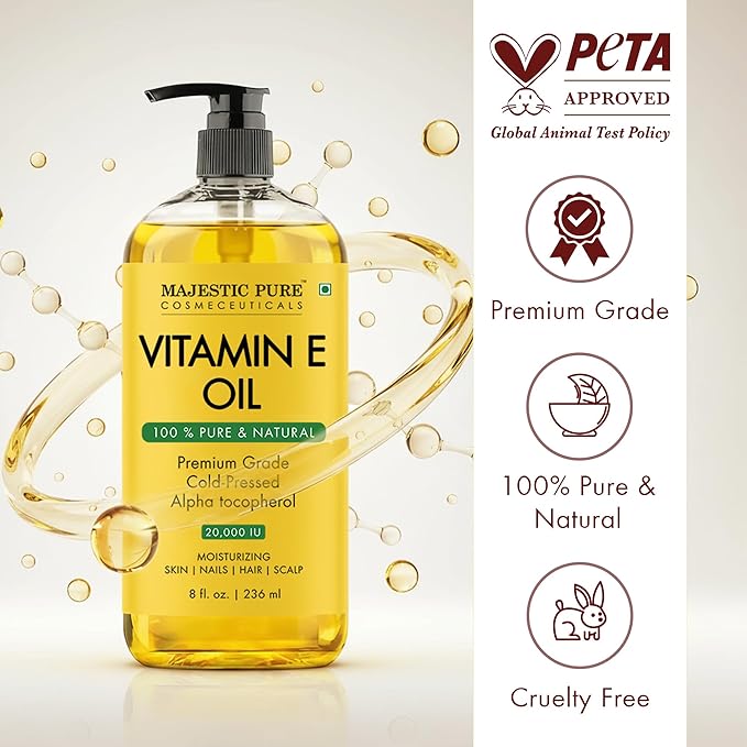 Majestic Pure Vitamin E Oil 8 Fl Oz - 100% Pure and Natural- Cold Pressed & Hexane Free Natural Hair Growth Oil for Eyelashes, Eyebrows, Skin, Body, Face, Nails & Scalp
