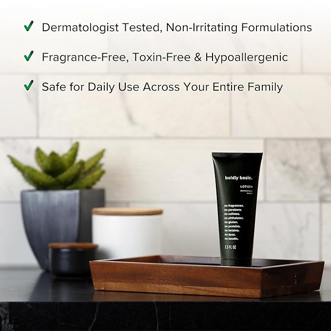 Boldly Basic Fragrance Free Lotion - Moisturizer for Dry and Sensitive Skin - Non Greasy - Unscented - Dermatologist Tested - No Sulfates, Parabens or Gluten - Hypoallergenic - Travel Size (2.5 oz)