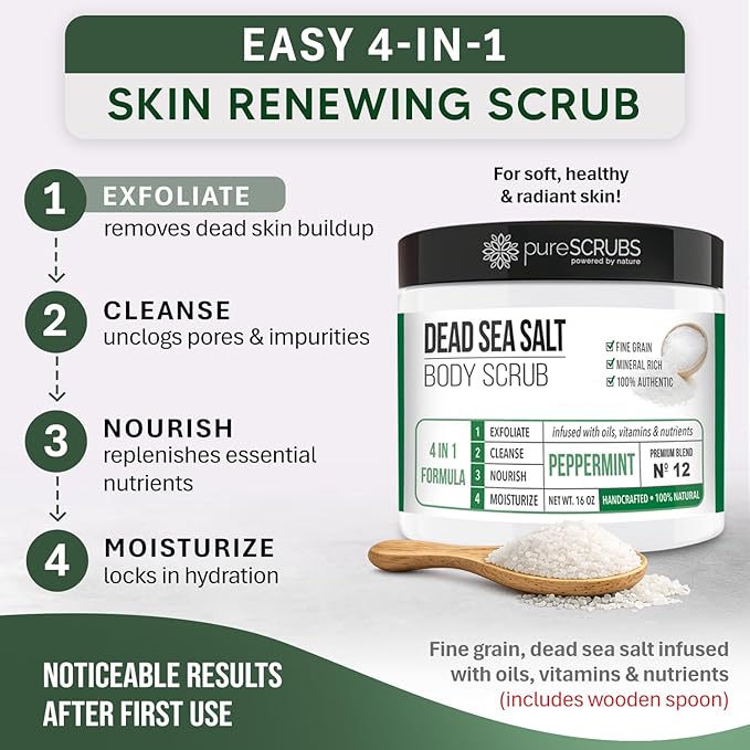 pureSCRUBS Premium Body Scrub for Strawberry Legs, Keratosis Pilaris (KP) & Ingrown Hairs – 4-in-1 Exfoliating Dead Sea Salt Formula – Smooth Skin, Reduce Razor Bumps & Dark Spots - Large 16oz