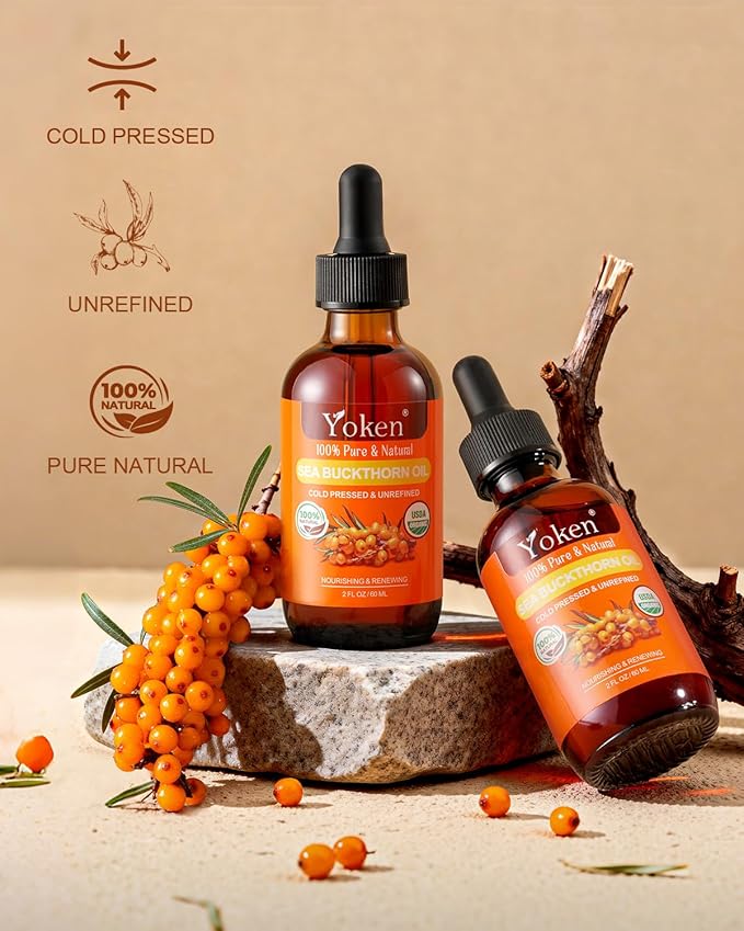USDA Sea Buckthorn Oil Organic for Face Hair & Nails 2oz - 100% Cold Pressed Natural Facial Oils from SeaBuckthorn Berry for Deep Hydration & Skin Nourishment, aceite de espino amarillo organico