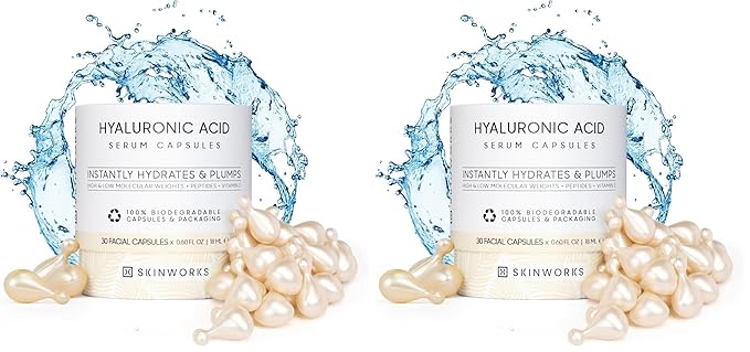 SKINWORKS Hyaluronic Acid Serum for Face, Anti Aging Serum for Fine Lines & Wrinkles, Hydrating Glow, Face Moisturizer Plump & Repair Dry Skin, Unscented, 30 Capsules (Pack of 2)