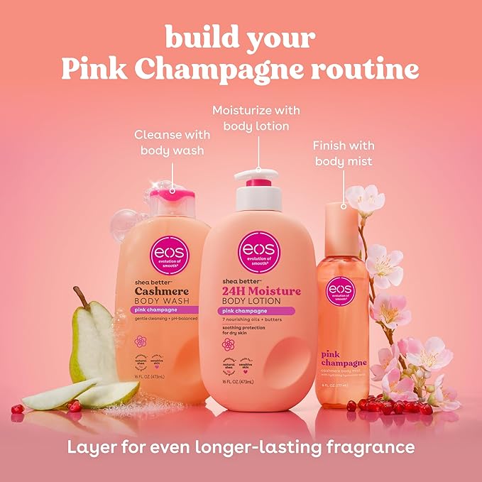 eos Shea Better Body Lotion Pink Champagne, 24-Hour Moisture Skin Care, Lightweight & Non-Greasy, Natural Shea, Vegan, 16 fl oz