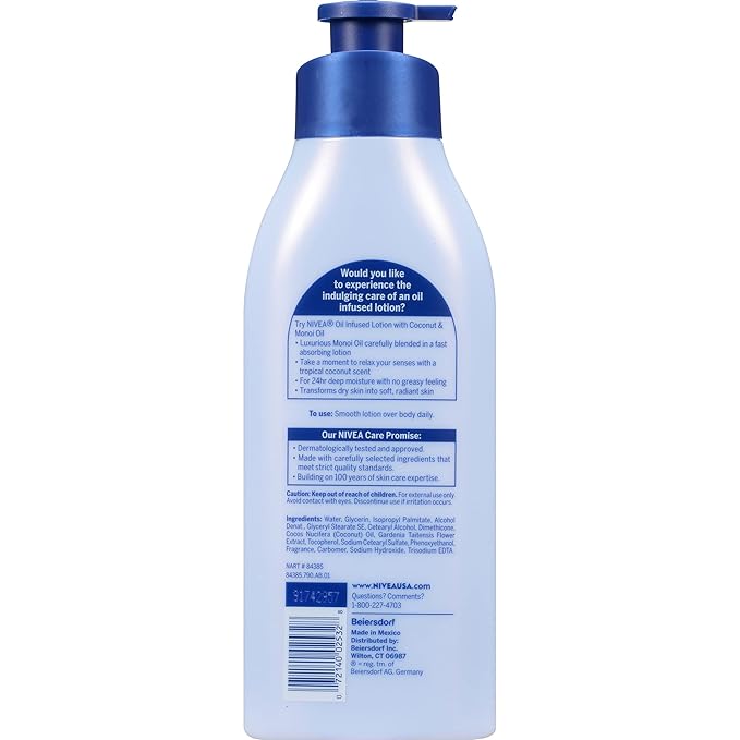 NIVEA Oil Infused Lotion Coconut and Monoi Oil Body Lotion for Women,Fast-Absorbing and Non-Greasy Coconut Scented-Lotion Moisturizes for 48 Hours,16.9 Fl Oz Pump Bottle,(Pack of 2)