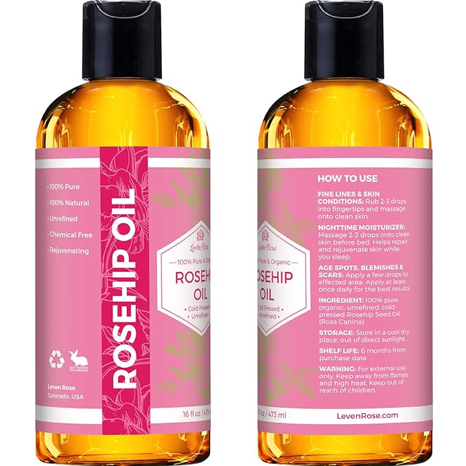 Leven Rose Rosehip Seed Oil for Face 16 oz - Pure Rosehip Oil for Face - Unrefined Cold Pressed Rose hip for Body - Nighttime Face Moisturizer for Hair, Skin & Nails