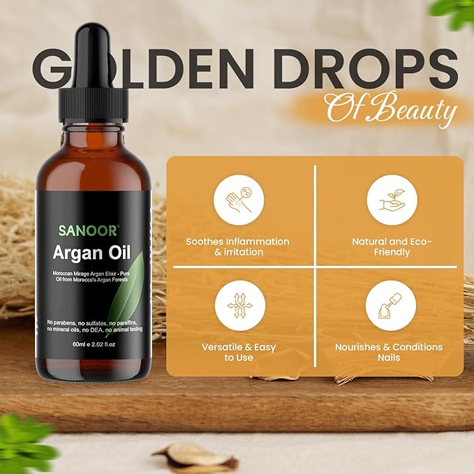 SANOOR Moroccan Argan Oil 60ml – 100% Pure & Natural, Cold-Pressed Oil for Hair Growth, Frizz Control, Skin Moisturizer, Face Glow, Beard & Nail Care – Vegan Beauty Oil for Men & Women