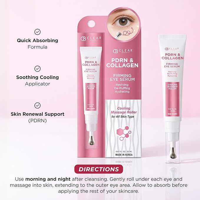Clear Beauty Eye Serum with Salmon DNA PDRN & Collagen - Dermatologist Tested, Anti Aging, Korean Skin Care - Cooling Roller For Firming, Hydration - Vegan, Clean Beauty, Cruelty Free