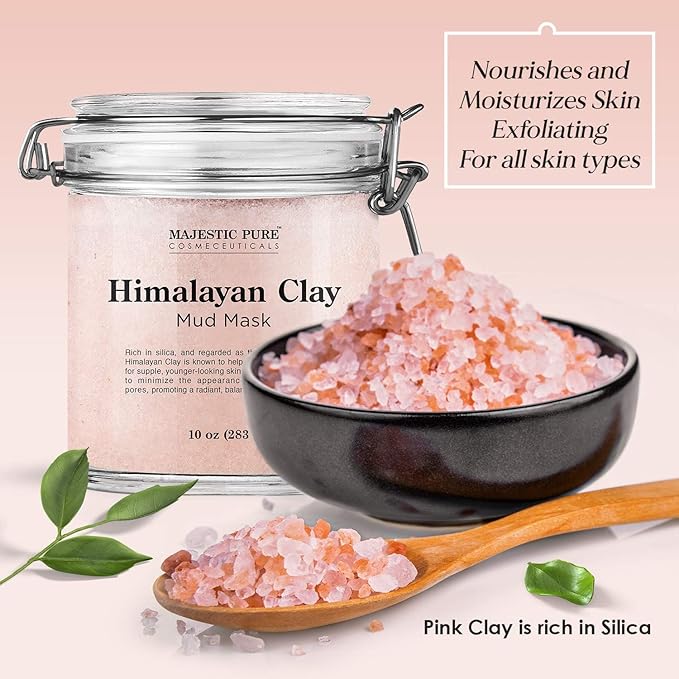 Majestic Pure Himalayan Clay Mud Mask for Face and Body Exfoliating and Facial Acne Fighting Mask - Reduces Appearance of Pores, 10 oz
