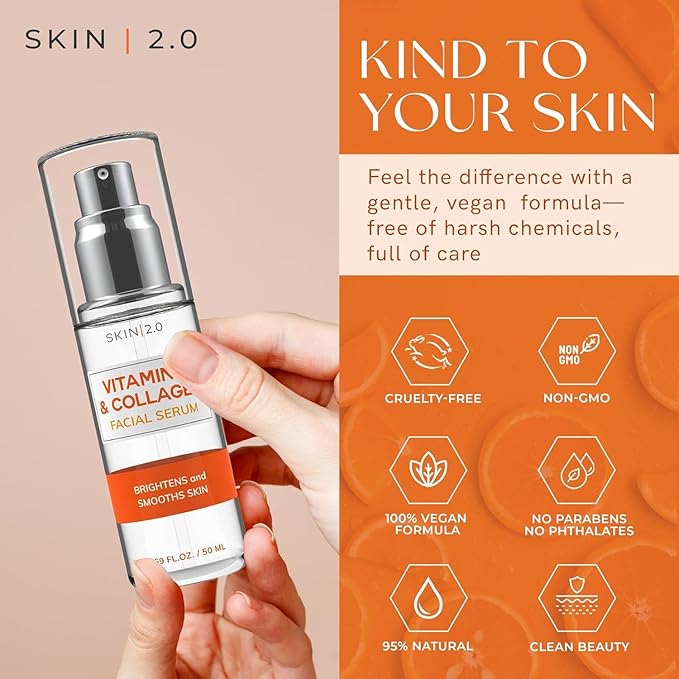 Skin 2.0 Vitamin C Serum with Collagen - Anti-Aging & Dark Spot Remover - Dermatologist Tested Korean Skincare for Brightening & Acne - Clean Beauty, Cruelty-Free, All Skin Types - 1.69oz (2-Pack)