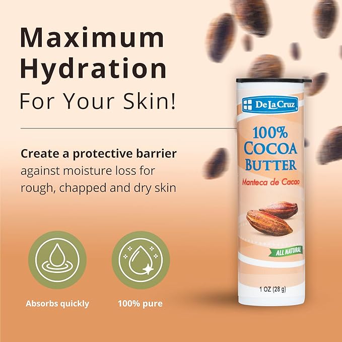 De La Cruz Cocoa Butter Stick - 100% Pure and Natural Cocoa Butter For Dry, Rough Skin - All Natural Hydrating Moisturizer, 1 OZ (Pack of 12)