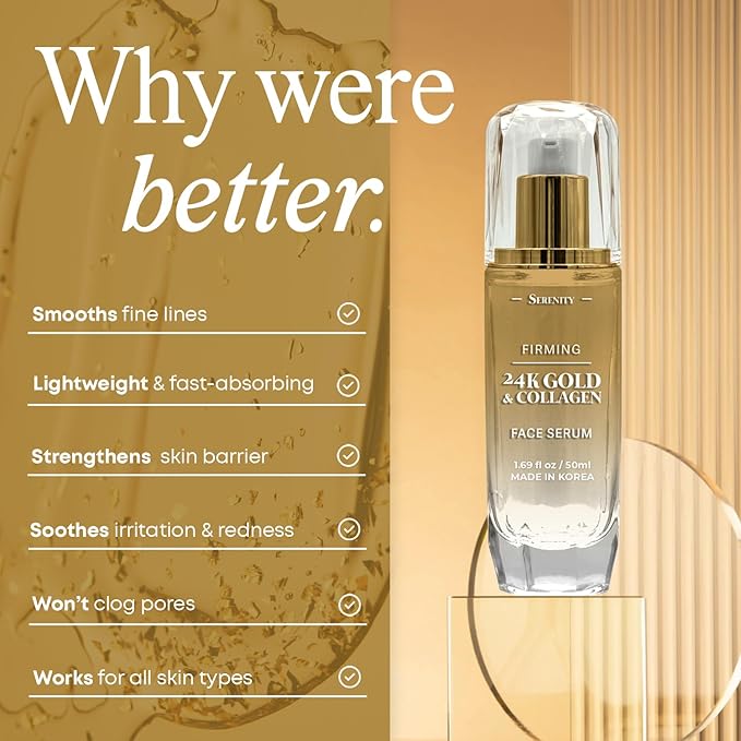 Serenity Dew 24K Gold & Collagen Face Serum - Dermatologist Tested Anti-Aging Korean Skin Care - Calms, Soothes, Hydrates & Firms Skin - Vegan Clean Beauty Formula - 1.69 Fl Oz