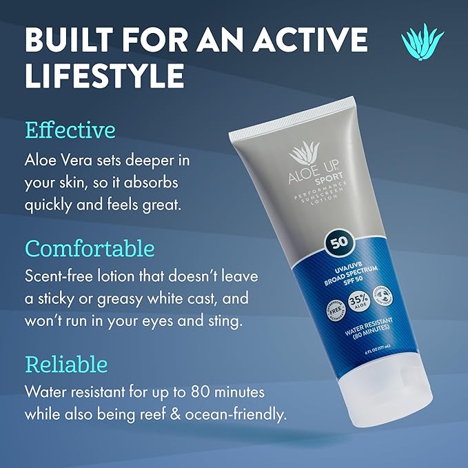 Aloe Up Sport Sunscreen Body Lotion SPF 50 – Broad Spectrum Sunblock With Aloe Vera Gel – Non-Greasy, Skin Sun Protection, No White Cast – Reef Friendly Sunscreen – Fragrance-Free – 6 Oz, 2-Pack