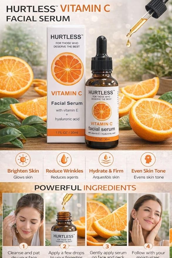 HURTLESS Vitamin C Face Serum with Hyaluronic Acid, Brightening Serum for Dark Spots, Dull Skin, Hydrating, Fragrance Free, Fast Absorbing, Cruelty-Free Skin Serums for Dry Skin- 30 ml / 1.01 fl oz