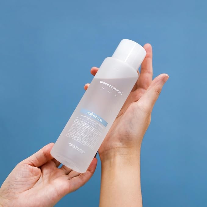 COMMON GROUND NUE Aqua Micellar Water Makeup Remover 3-in-1 Cleanser, Astringent, Makeup Remover, Non-Greasy, No-Rinse, Hydrating, Plant-Based, Organic Aloe Vera & Cucumber, 8.4 Fl Oz