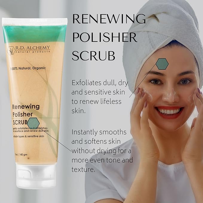 RD Alchemy - 100% Natural & Organic Renewing Polisher Face Scrub for Brightened Skin Complexion. Brightening Facial Scrub Gently Exfoliates using Jojoba Beads, AHAs, Rice Bran, & more