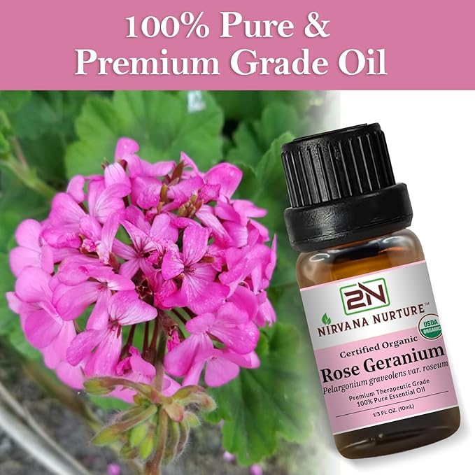 Rose Geranium Essential Oil, USDA Certified Organic, 100% Pure Undiluted, Aromatherapy Oil for Diffuser, Hair & Skin Care