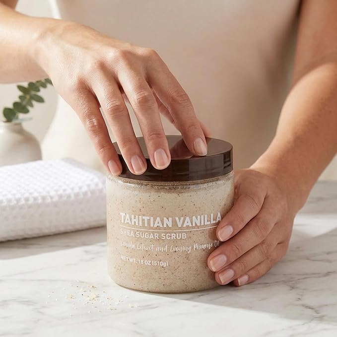 Vanilla Bean Sugar Scrub – Exfoliating Body Scrub for Women, Moisturizing Shea Butter, Natural Sugar Exfoliant, Hand and Foot Scrub, Paraben-Free, All Skin Types, 18 oz (18oz, Tahitian Vanilla)