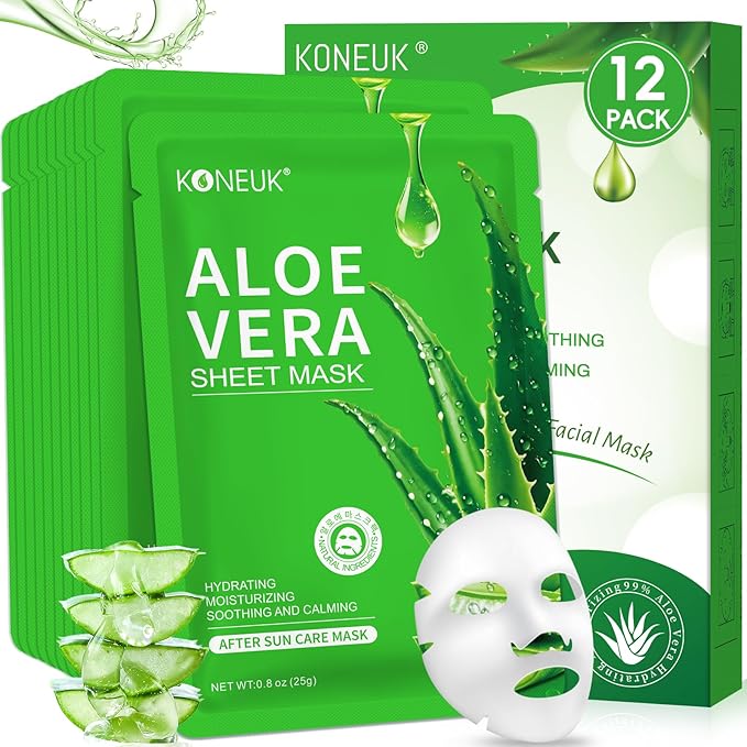 KONEUK 12 Pack Aloe Vera Face Masks Skincare, Sheet Aloe Hydrating Face Mask for Sunburn Relief and After Sun Care, Bulk Aloe Vera Face Mask for Spa Party Gifts