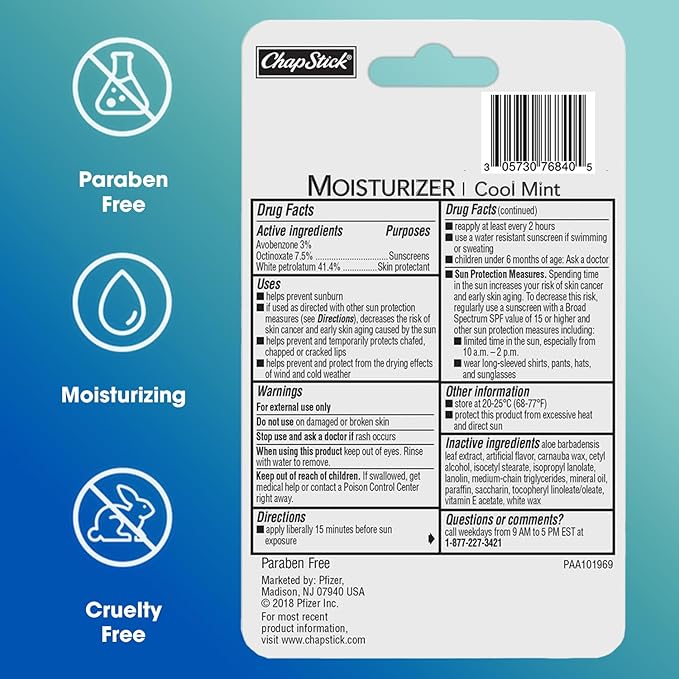 ChapStick Moisturizer (Cool Mint Flavor, 0.15 Ounce, 3 Sticks) Lip Balm Tube, Skin Protectant, Lip Care, SPF 15