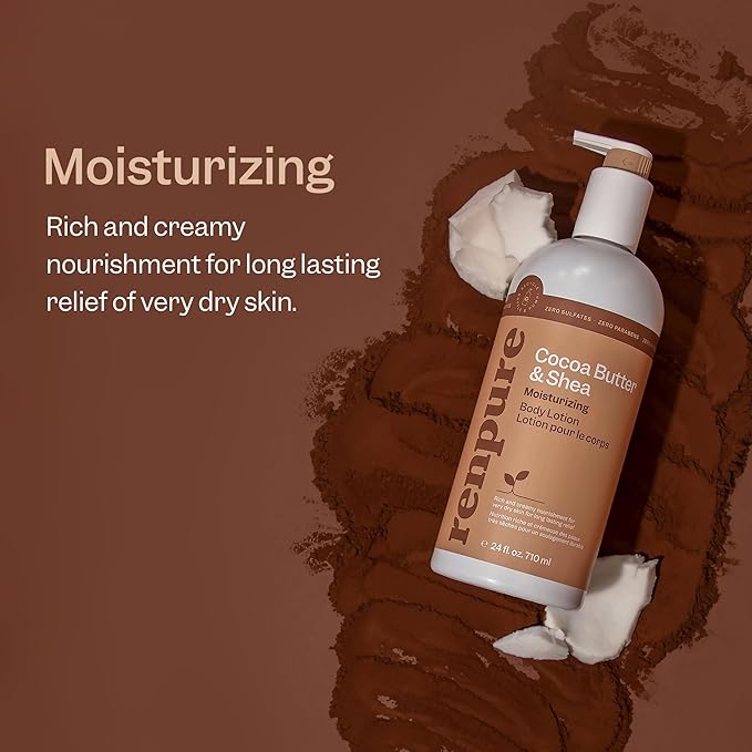 RENPURE Cocoa Butter and Shea Ultra-Hydrating Body Lotion - Rich and Silky Formula - Improves Natural Moisture Barrier - Protects and Nourishes - Leaves Skin Feeling Soft and Smooth - 24 oz