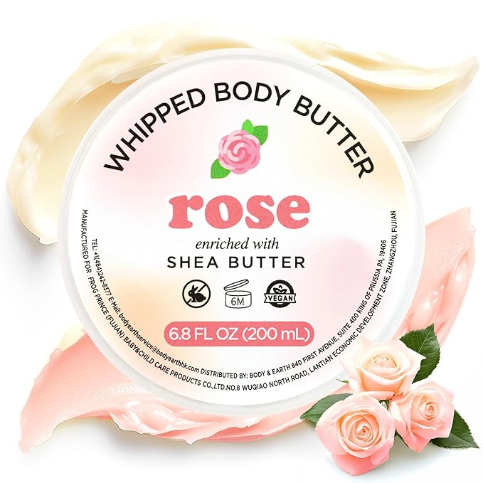 Rose Whipped Shea Body Butter, Natural Whipped Shea Butter for Women Dry Skin, Gentle Hydration with Long Lasting Moisture 6.8 floz