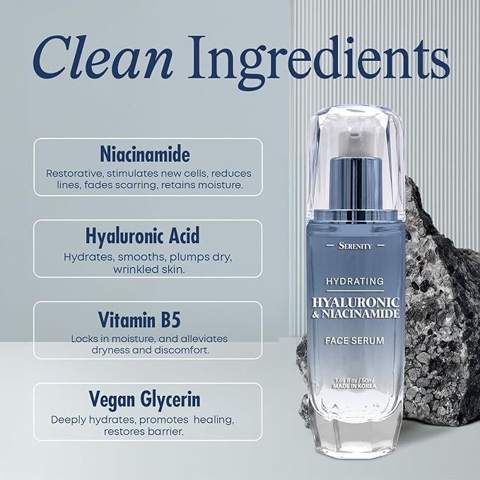 Serenity Dew Hyaluronic Acid & Niacinamide Face Serum - Dermatologist Tested Anti-Aging Korean Skin Care - Ultra Hydrating, Cools, Soothes & Improves Tone and Texture - Vegan Clean Beauty - 1.69 Fl Oz