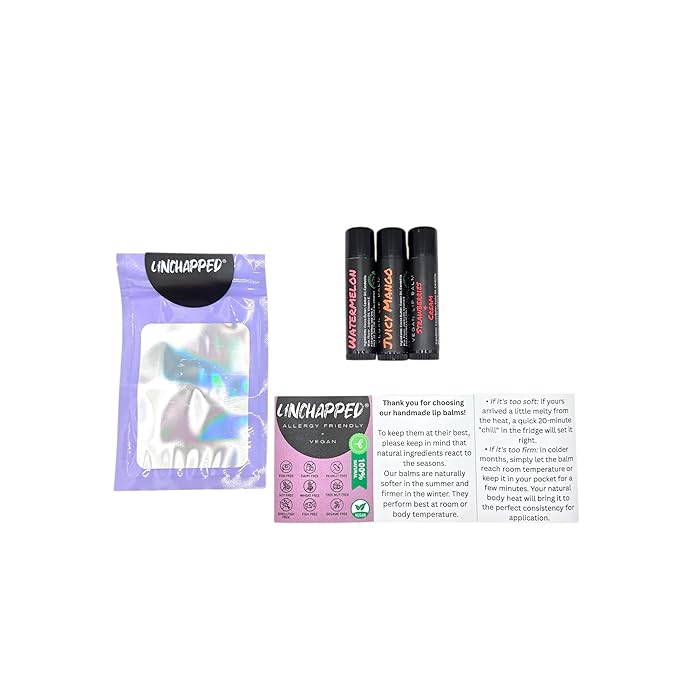 Vegan Lip Balm 3 Pack - All Natural and Free of Beeswax, Soy, Nut, and Top 9 Food Allergens (Strawberries and Cream, Watermelon, Mango)