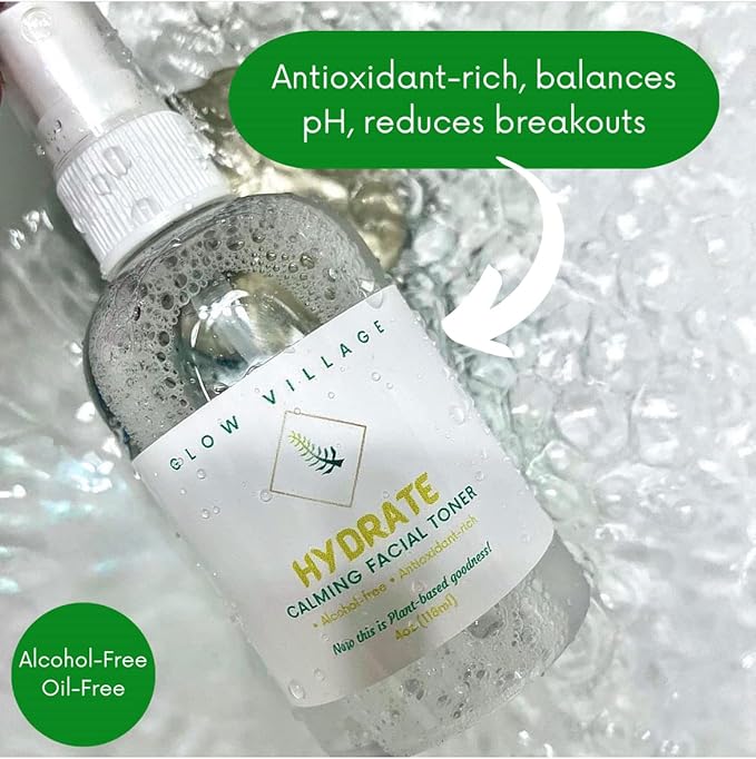 Hydrate Calming Facial Toner | Alcohol-Free, Oil-Free, Vegan, Organic Aloe Vera and Rosewater, Witch Hazel, Tea Tree | pH Balancing, Pore Tightening, for All Skin Types | 4 oz
