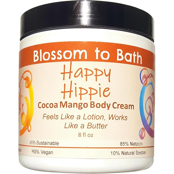 Blossom to Bath Happy Hippie Cocoa Mango Body Cream (8 Ounce) - Pure Essential Oil Fragrance - Feels Like A Lotion And Works Like A Butter with a Sweet Happy Herbal Scent