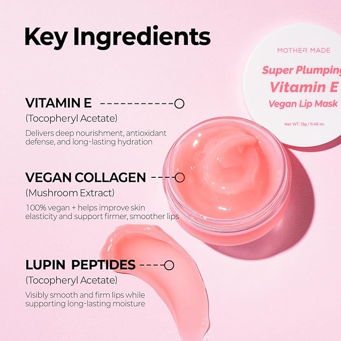 MOTHER MADE Vitamin E Vegan Lip Mask Lip Care Balm,with Organic Shea Butter, Natural Oils, Vegan Collagen, Gifts for Women, Korean Skin Care, 0.46 fl.oz.